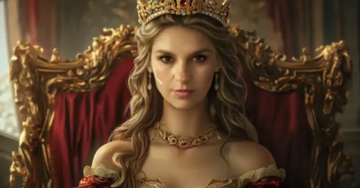Royal portrait of a woman created with AI, featuring majestic attire and vintage aesthetic.